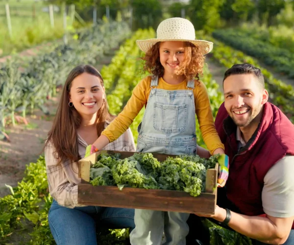Family-owned farm with parents and child harvesting vegetables, symbolizing intergenerational succession and sustainable agriculture in European SMEs
